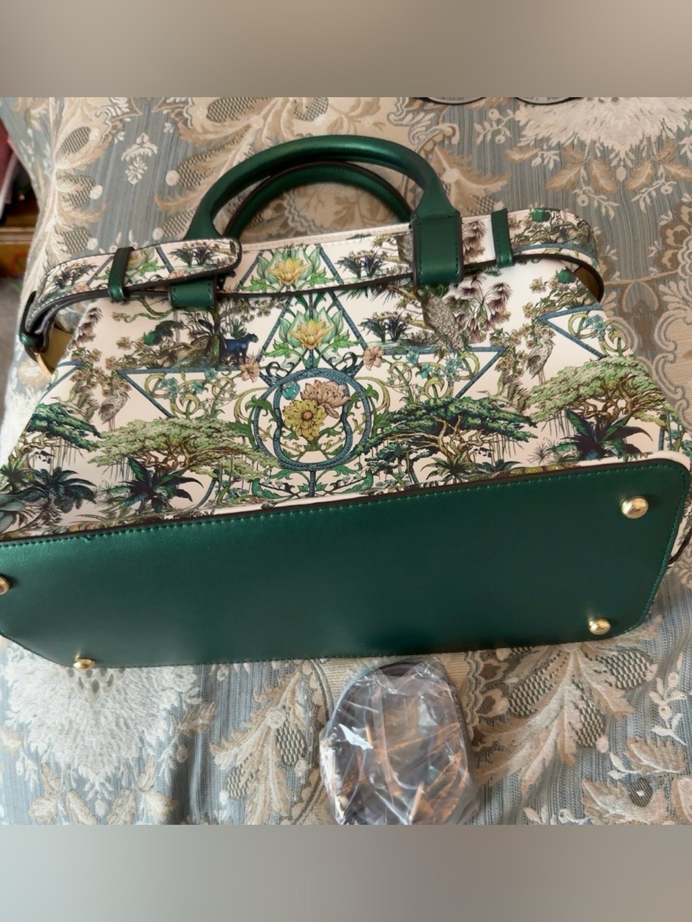 NEW Emerald Green Botanical Safari Tiger Elephant Structured Satchel Handbag